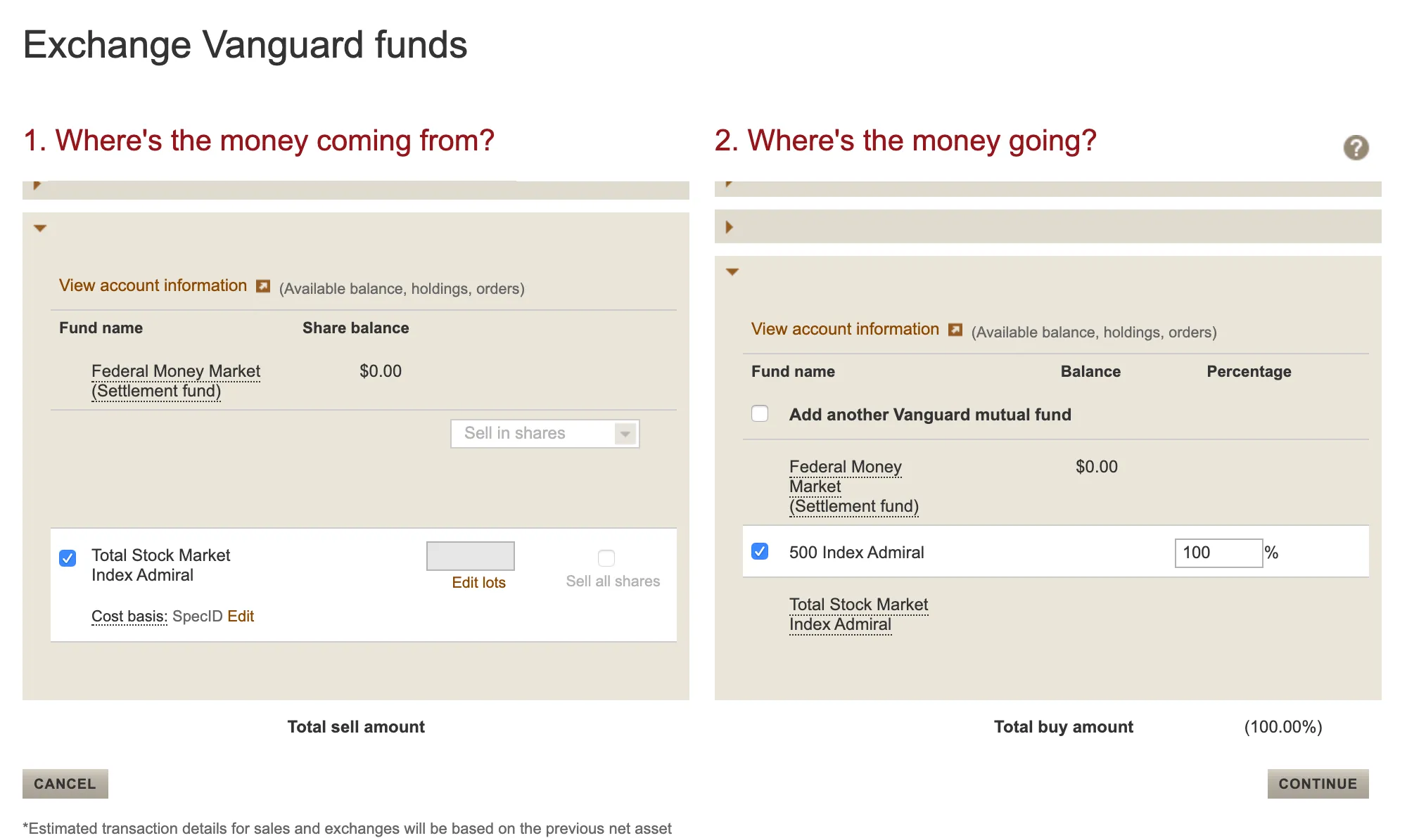Vanguard final exchange page