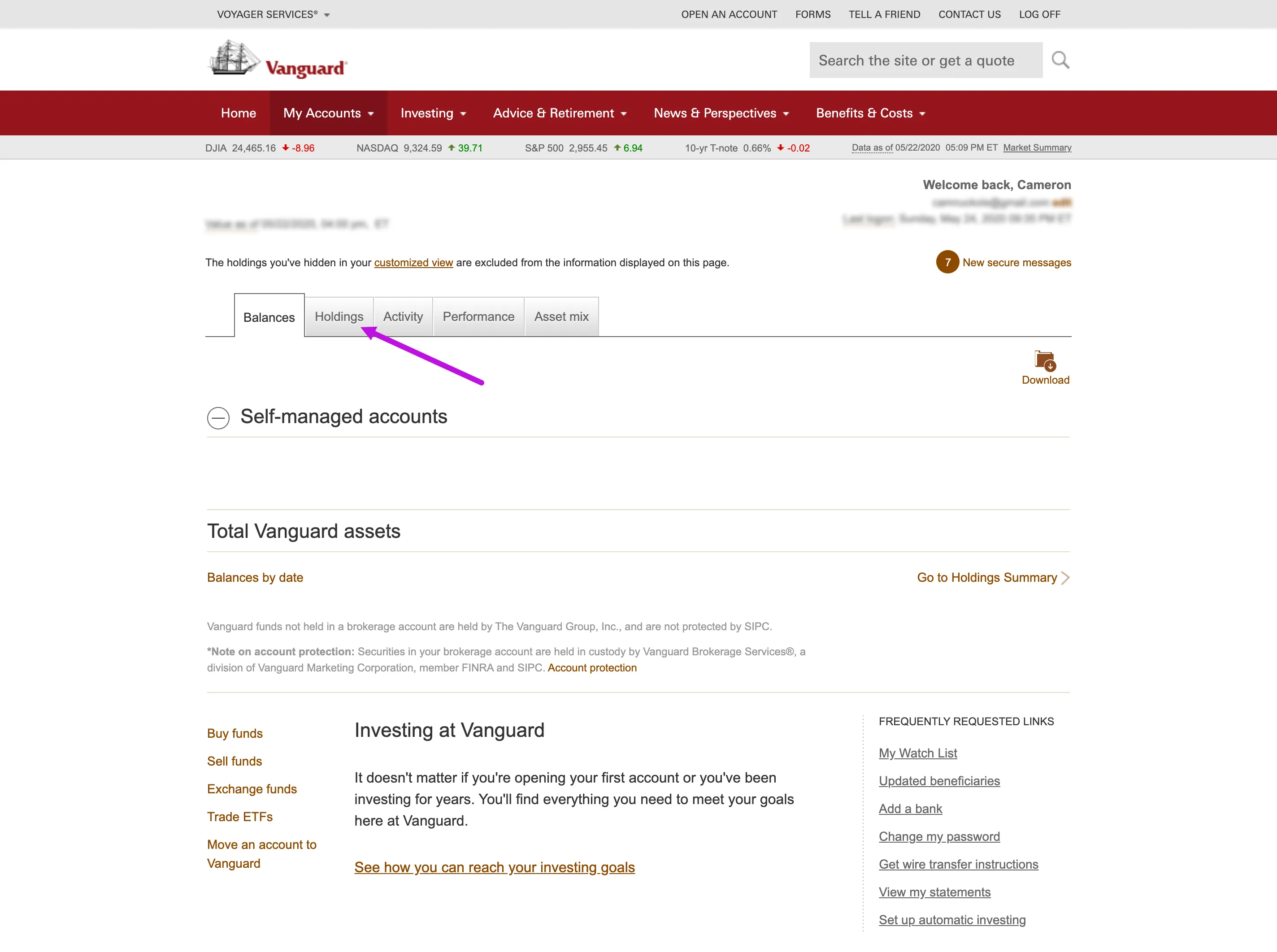 Vanguard's account page when you are logged in