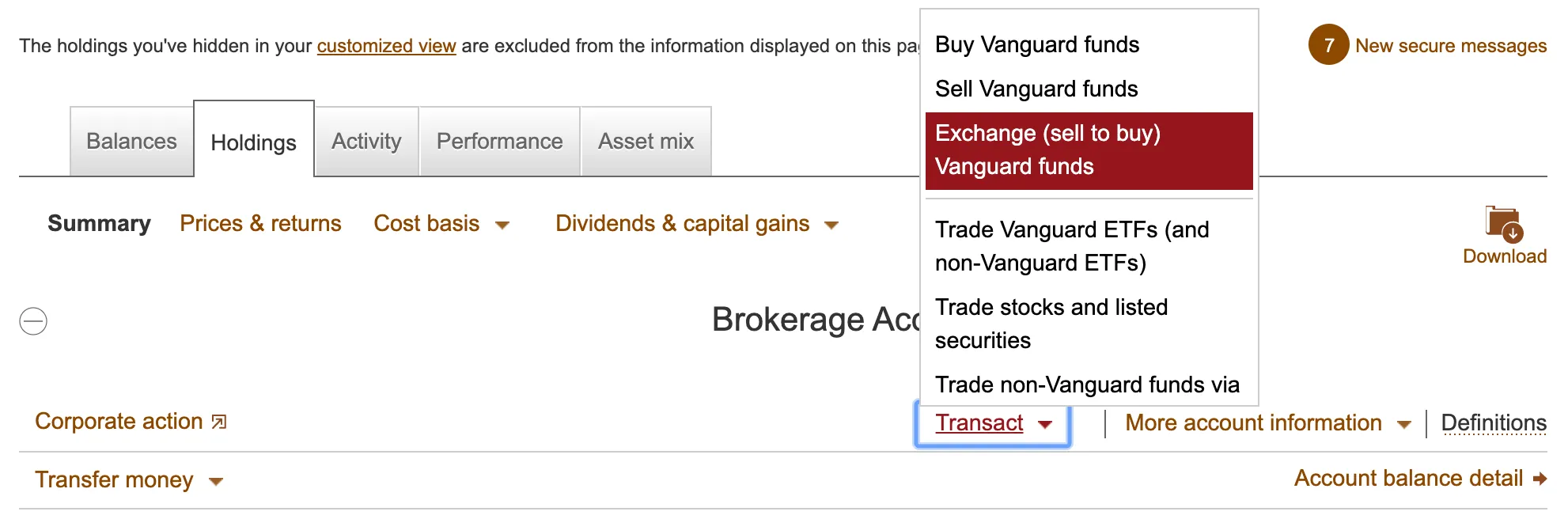 Vanguard transaction options