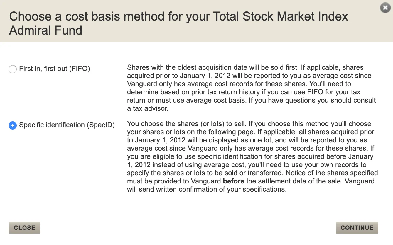 Vanguard cost basis selection page